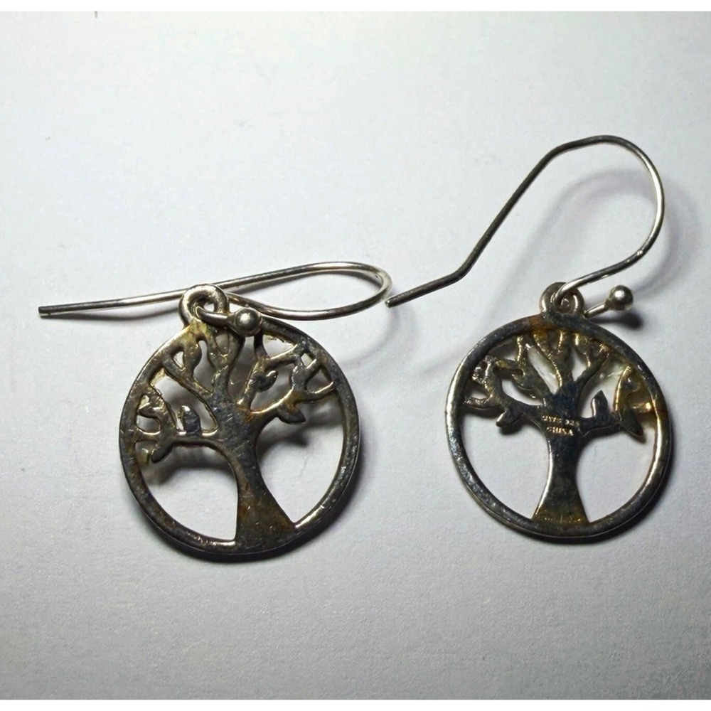 Sterling Silver 925 Tree of Life Circle Drop Hook Earrings Nature Jewelry